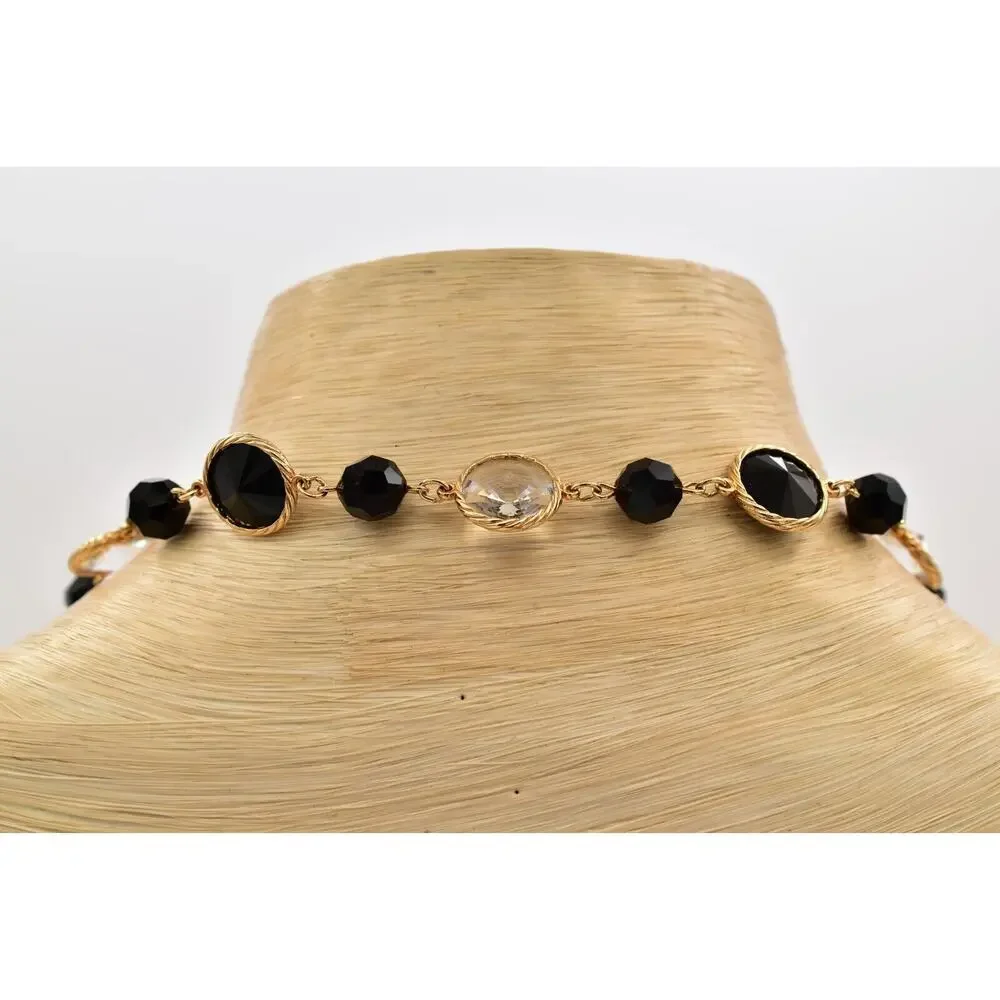 Vintage Open Bezel Crystal Necklace Beaded Black Clear Glass Heavy Chunky BinBJ